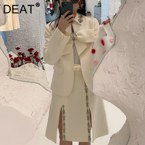 DEAT 2022 Women Bow Notched Long Sleeve Suit Short Jacket And Diamonds High Waist Short Skirt Fit Autumn 7E88104
