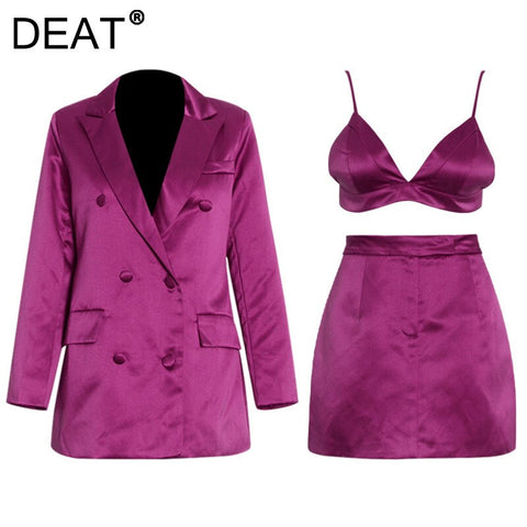 DEAT 2022 Women Notched Double Breasted Blazer Camisole Short High Waist Skirt Three-piece suit Fit Autumn 7E518