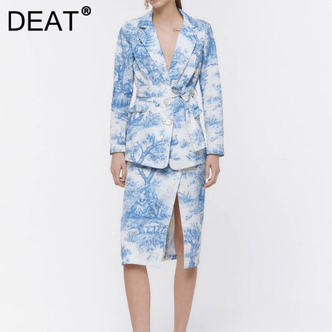 [DEAT] 2022 Spring Autumn Tide Long Sleeve  Printing Tie Dye Blazer Knee-length Skirts Women Two-piece Sets