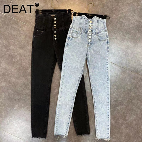 DEAT 2022 Spring s Ripped High Waist Long Denim Pencil Pants Women Jeans Streetwear ML602