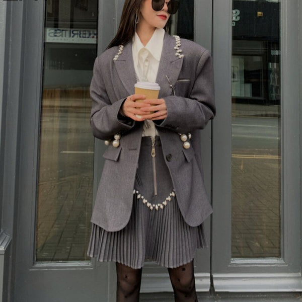 DEAT 2022 Star Same Style Patchwork Beading Gray Notched Long Sleeve Jacket And High Waist Folds Skirt Suit Fit Autumn 7E870