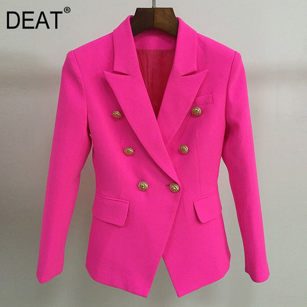 DEAT 2022 autumn Fushia Blazer Women Office Ladies Gold Double Breasted Buttons Rose Pink coat MG418