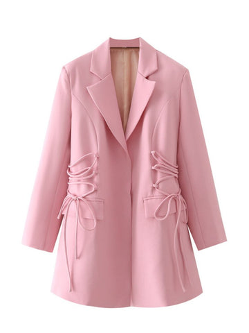 DEAT 2023 Autumn Lapel Long Sleeve Blazer Casual Solid Color Drawstring Tassel Temperament Coat Women 13V1819