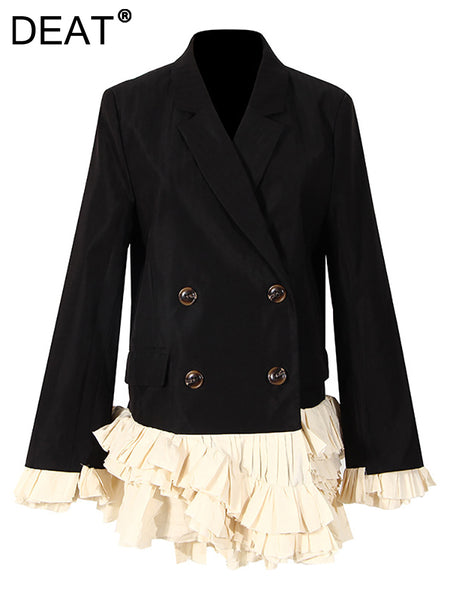 DEAT 2023 Autumn Women's Blazer Notched Collar Full Sleeves Pleated Spliced Double Breasted Suit jacketss Female Top 1DE2034