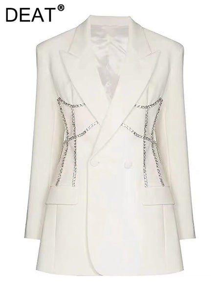 DEAT 2023 Autumn Women's Blazer Laple Diamonds Loose Double Braested Long Sleeve Solid Suit jackets Tide 17A317