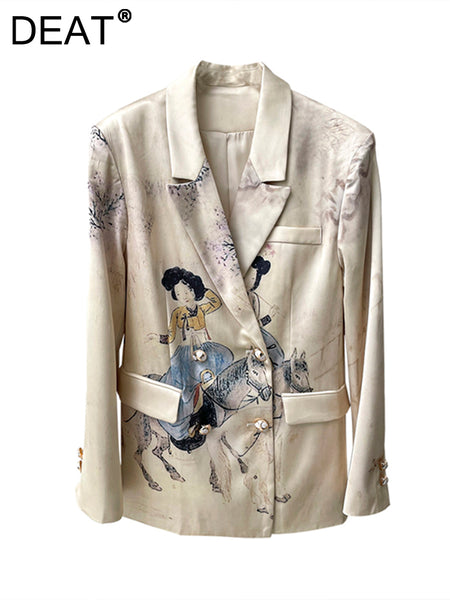 DEAT 2023 Autumn Women's Blazer Turn-down Collar Single Breasted Long Sleeve Printed Suit jackets Female Tide 7I3501