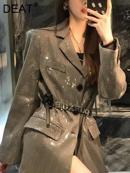 DEAT 2023 Autumn Women's Blzaer Turn-down Collar Single Breasted Sequins Loose Long Sleeve jackets Female 17A122