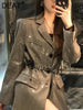 DEAT 2023 Autumn Women's Blzaer Turn-down Collar Single Breasted Sequins Loose Long Sleeve jackets Female 17A122