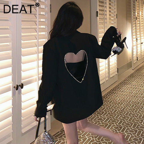 DEAT 2023 Autumn And Autumn Casual Long Sleeve Loose Blackless Heart-shaped Hollow Diamond Blazer Coat Women SL562