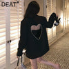 DEAT 2022 Autumn And Winter Casual Long Sleeve Loose Blackless Heart-shaped Hollow Diamond Blazer Coat Women SL562