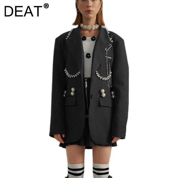 DEAT 2022 Autumn Winter Long Sleeve Loose Single Breasted Pearl Grey Medium Length Slim Blazer Coat Women SH324