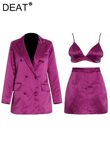 DEAT 2023 Women Notched Double Breasted Blazer Camisole Short High Waist Skirt Three-piece suit Fit Autumn 7E518