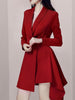 DEAT 2023 Spring Women's Dress Lapel Slim Belt Waist Long Sleeve Red Irregular Mini Dresses Elegant Female 17A545