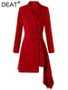 DEAT 2023 Spring Women's Dress Lapel Slim Belt Waist Long Sleeve Red Irregular Mini Dresses Elegant Female 17A545