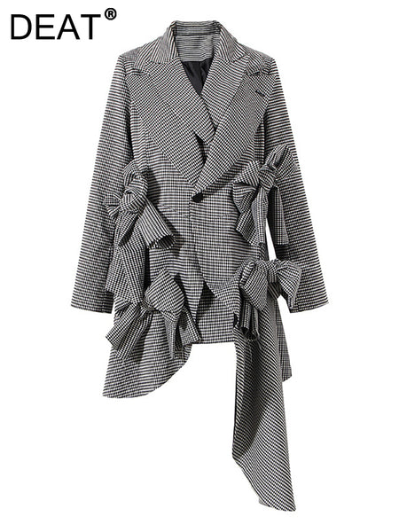 DEAT 2023 autumn and winter women clothes notched plaided gray slim ruffles asymmetrical slim blazer WT42002