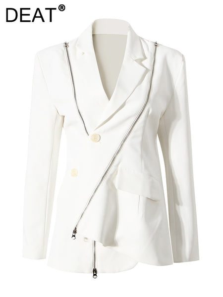 DEAT Asymmetrical Women's Blazer Notched Loose Single Breasted Metal Zipper Long Sleeve Suit jackets Tide Autumn 2023 7YZ557