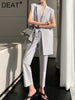 DEAT Women Sleeveless Notched Collar Button Suit Vest High Waist Sagging Straight Grey Pants Female Autumn 2023 17A2928