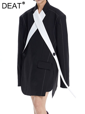 DEAT Women's Blazer Loose Notched Double Button Long Sleeve Spliced Contrast Color Suit Jackets Autumn 2023 17A1665