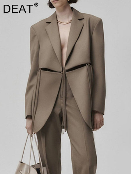 DEAT Women's Blazer Notched Long Sleeve Loose Patchwork Bandage Hollow Out Suit Jackets Female Autumn 2023 19J470
