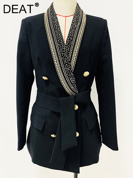 DEAT Women's Blazer Notched Loose Double Breasted Long Sleeve Ironing Belt Long Suit Jackets 2023 Coats 17A1866
