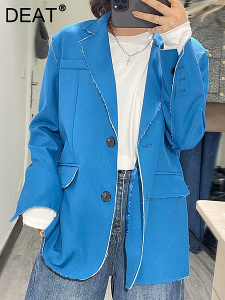 DEAT Women's Blazer Notched Loose Single Breasted Long Sleeve Blue Burrs Suit Jackets Female Autumn 2023 17A2644
