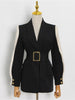 DEAT Women's Blazer Notched Loose Spliced Mesh Long Sleeve Belt Wasit Suit Jackets Female Summer 2023