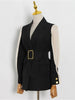 DEAT Women's Blazer Notched Loose Spliced Mesh Long Sleeve Belt Wasit Suit Jackets Female Summer 2023