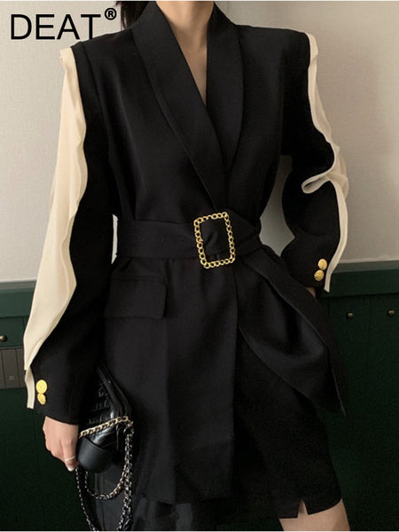 DEAT Women's Blazer Notched Loose Spliced Mesh Long Sleeve Belt Wasit Suit Jackets Female Summer 2023