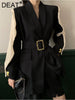DEAT Women's Blazer Notched Loose Spliced Mesh Long Sleeve Belt Wasit Suit Jackets Female Summer 2023