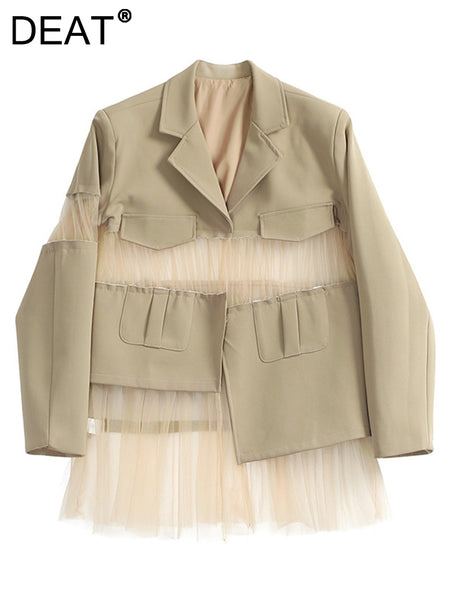 DEAT Women's Blazer Notched Single Breasted Long Sleeve Patchwork Gauze Suit Jackets Female Tide Autumn 2023 17A2456