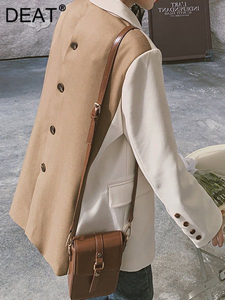 DEAT Women's Blazer Single Breasted Notched Loose Patchwork Contrast Color Suit Jackets Female Summer 2023 17A2340