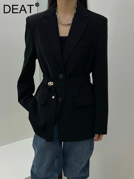 DEAT Women's Blazer Notched Collar Single Breasted Long Sleeve Metal Buckle Belt Suit Jackets Autumn 2023 17A981H