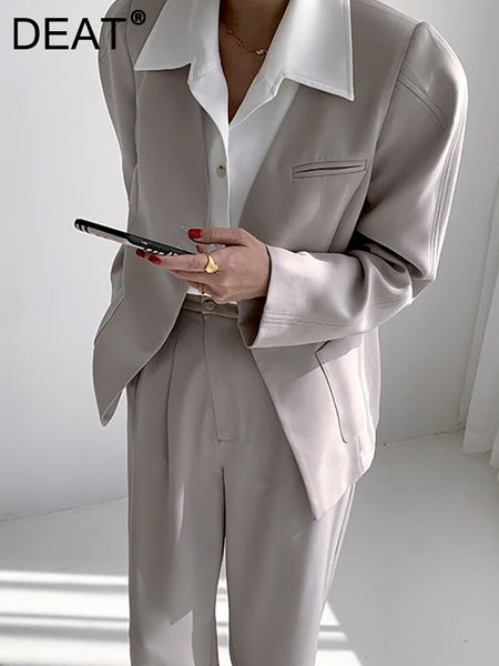 DEAT Women's Blazer V-neck Loose Single Breasted Apricot  Pockets Long Sleeve Suit Jackets Autumn 2023 Tide 17A4085