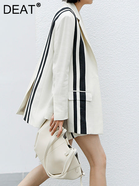 DEAT Women's Notched Loose Single Breasted Striped Long Sleeve Blazer And High Waist Shorts Autumn 2023 17A2726
