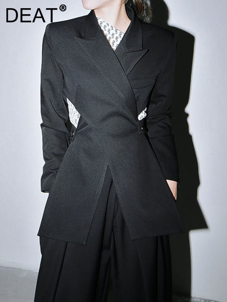 DEAT Women's Suit Jackets Solid Color Long Sleeve Loose Hollow Out Backless Button Blazers Female Summer 2023 1T126