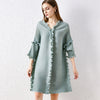 DEAT Pleated Dress Women V Collar Ruffled Elegant Knee Length Loose Wild Solid Seven Sleeve Casual 2022 Autumn Tide HT317