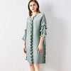DEAT Pleated Dress Women V Collar Ruffled Elegant Knee Length Loose Wild Solid Seven Sleeve Casual 2022 Autumn Tide HT317