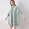 DEAT Pleated Dress Women V Collar Ruffled Elegant Knee Length Loose Wild Solid Seven Sleeve Casual 2022 Autumn Tide HT317