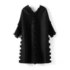 DEAT Pleated Dress Women V Collar Ruffled Elegant Knee Length Loose Wild Solid Seven Sleeve Casual 2022 Autumn Tide HT317