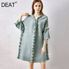 DEAT Pleated Dress Women V Collar Ruffled Elegant Knee Length Loose Wild Solid Seven Sleeve Casual 2022 Autumn Tide HT317