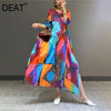DEAT Pleated Woman Maxi Dress Hit Color Elegant Dresses Asymmetry High Waist Slim Casual Style 2022 Autumn 15HT510