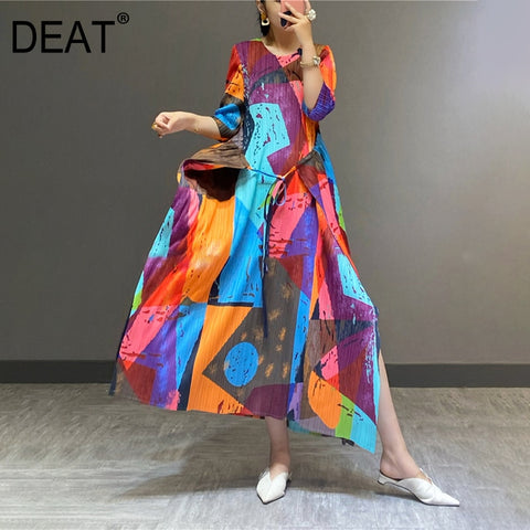 DEAT Pleated Woman Maxi Dress Hit Color Elegant Dresses Asymmetry High Waist Slim Casual Style 2022 Autumn 15HT510