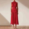 [DEAT] Stand Collar Solid Patchwork Sleeveless Pleated High Waist Ankle Length Dress For Women Mall Goth 2022 Summer GX1009