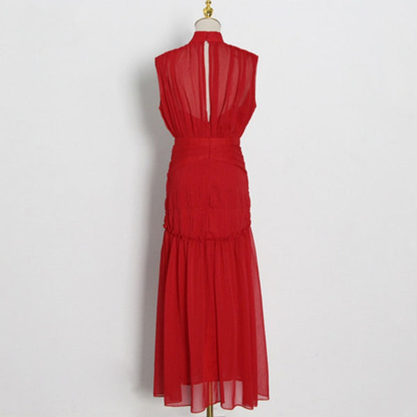[DEAT] Stand Collar Solid Patchwork Sleeveless Pleated High Waist Ankle Length Dress For Women Mall Goth 2022 Summer GX1009