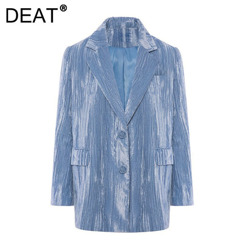 DEAT Woman Blazer Blue Tie Dye Corduroy Notched Collar Long Sleeve Loose Casual Style Jacket 2022 Autumn 15XF853