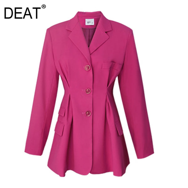 DEAT Woman Blazer Coat Rose Red Notched Collar Long Sleeve Pleated Gathered Waist Casual Style Elegant 2022 Autumn 15XF486