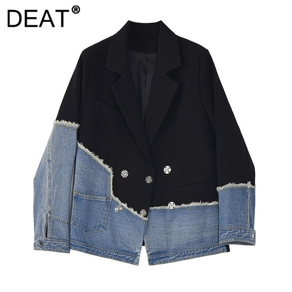 DEAT Woman Blazer Denim Patchwork Notched Collar Long Sleeve Triple Breasted Loose Casual Style 2022 Autumn Clothing 15XM006