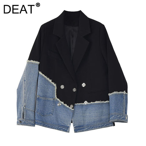 DEAT Woman Blazer Denim Patchwork Notched Collar Long Sleeve Triple Breasted Loose Casual Style 2022 Autumn Clothing 15XM006