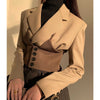 DEAT Woman Blazer Khaki Patchwork Notched Collar Long Sleeve Single Breasted Belt Vintage Style Jacket 2022 Autumn 15XF848