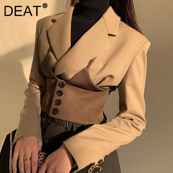 DEAT Woman Blazer Khaki Patchwork Notched Collar Long Sleeve Single Breasted Belt Vintage Style Jacket 2022 Autumn 15XF848